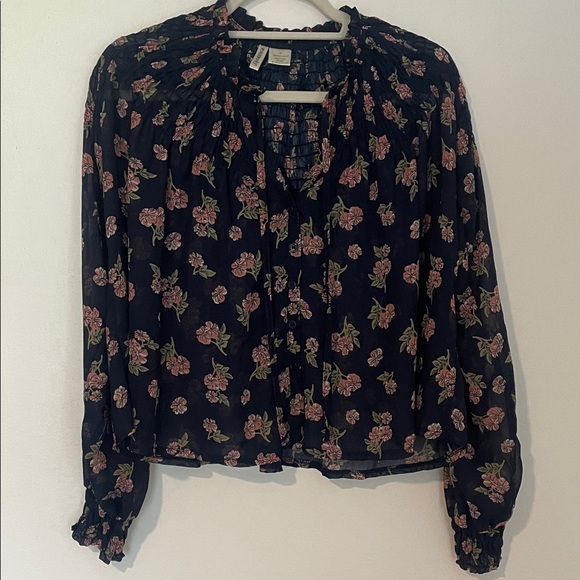 Passport Tops - Passport Navy Floral Sheer Blouse Medium